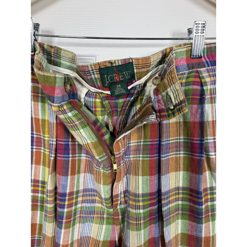 Vintage J.Crew‎ Mens 34 Plaid Pleated Cotton Trousers Multi Color Madras Chinos
